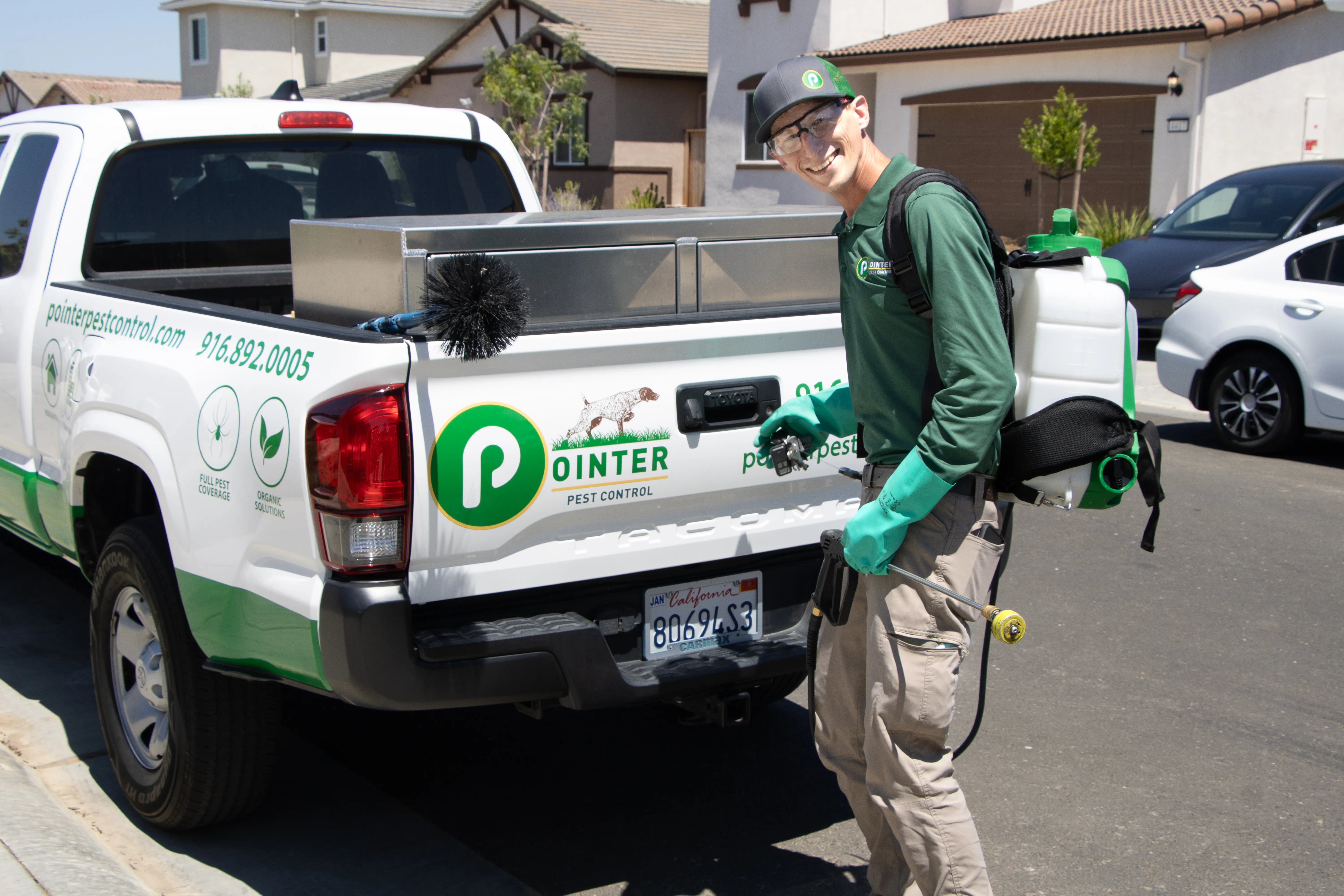 Pointer Pest Control technician servicing an Orangevale home