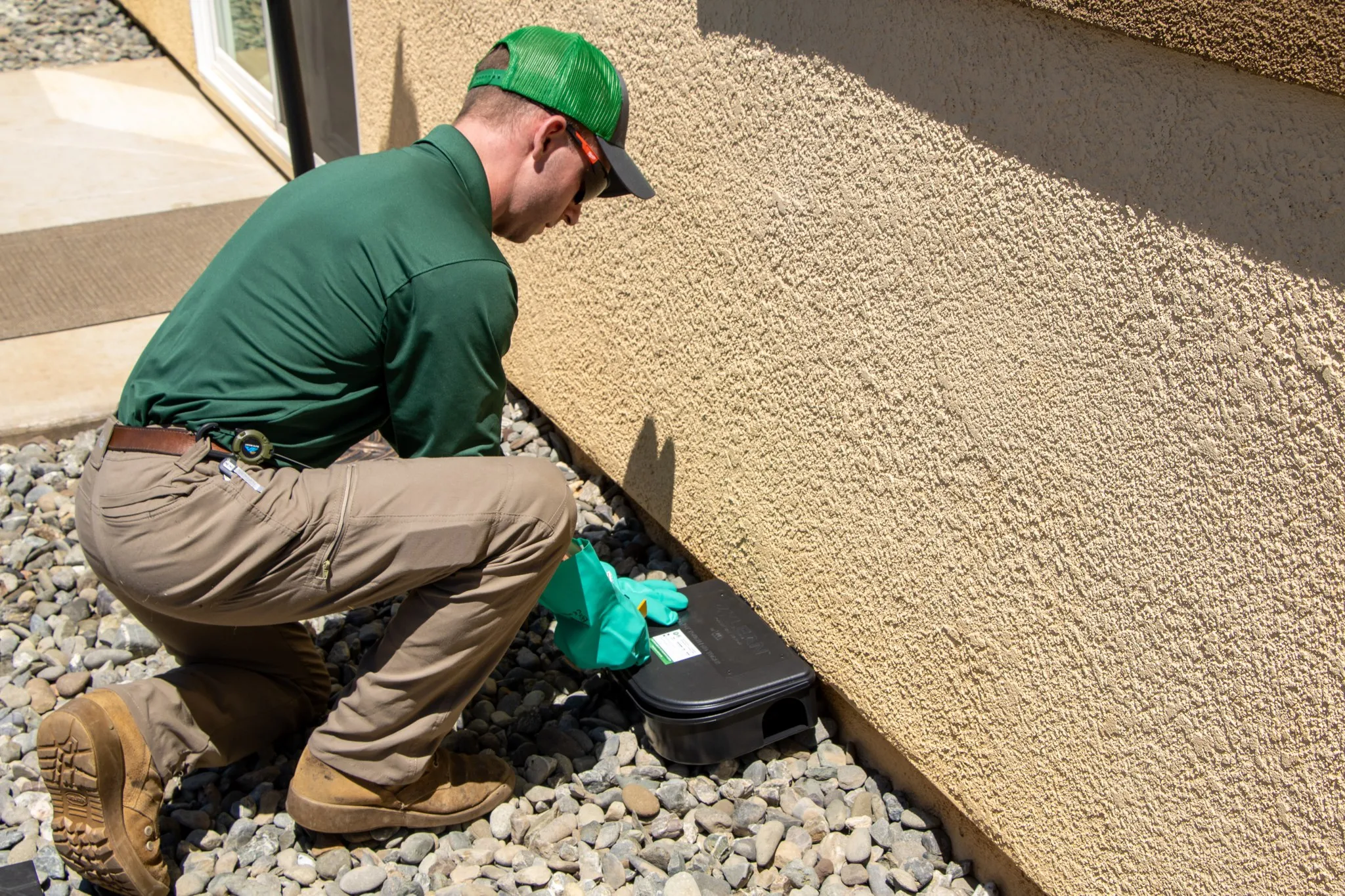 Pointer Pest Control technician installing a tamper-resistant rodent bait station beside a Roseville CA home before winter